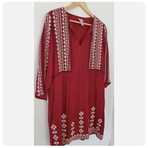 FRANCESCA'S | Embroidered Bohemian Shift Dress, Deep Red, Size Small